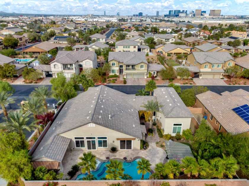 drone photograph of backyard with pool and view of Las Vegas strip in the horizon